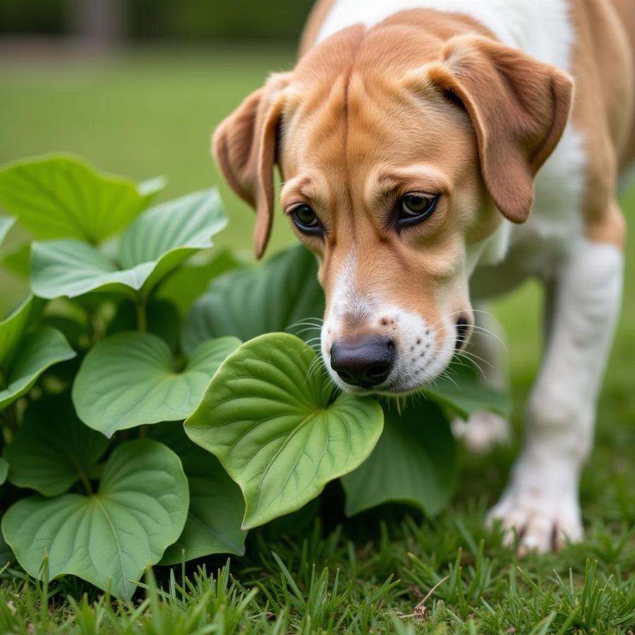 Dog eating hosta plant