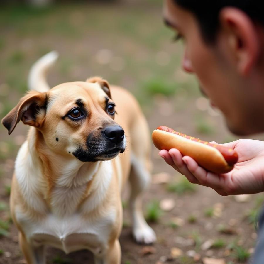 A dog looking intently at a hot dog.