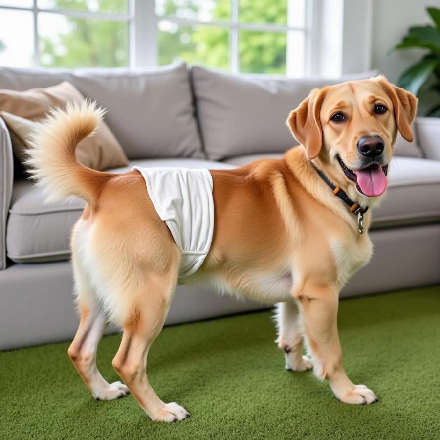 Large female dog wearing a diaper comfortably.