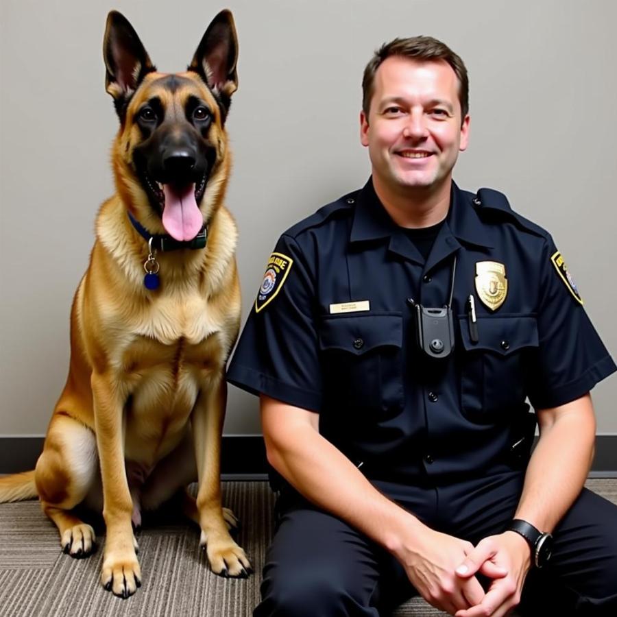 Belgian Malinois sitting next to a police officer