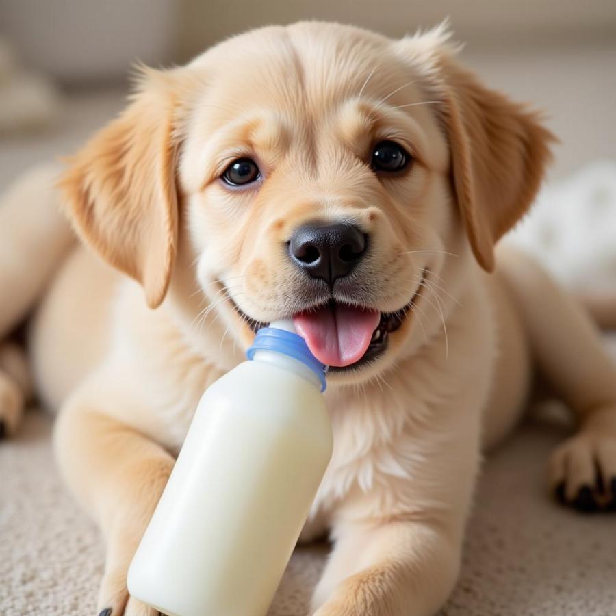 Puppy drinking milk from a bottle