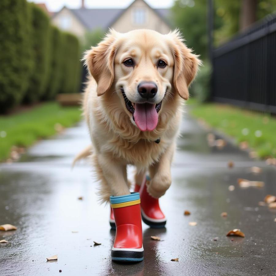 Dog Wearing Rainy Shoes on a Walk