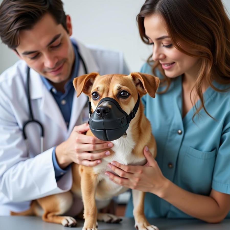 Dog Wearing a Muzzle at the Vet