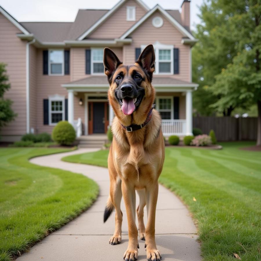 Dog standing in front of a house