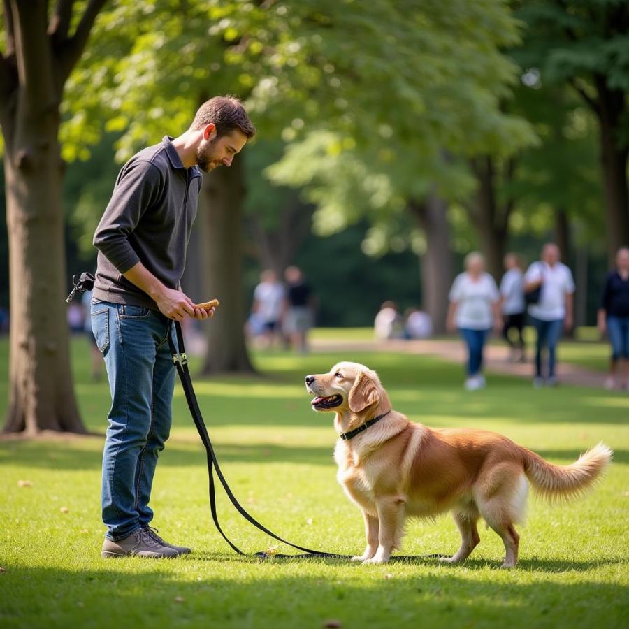 Huấn luyện chó với dây dắt dài trong công viên