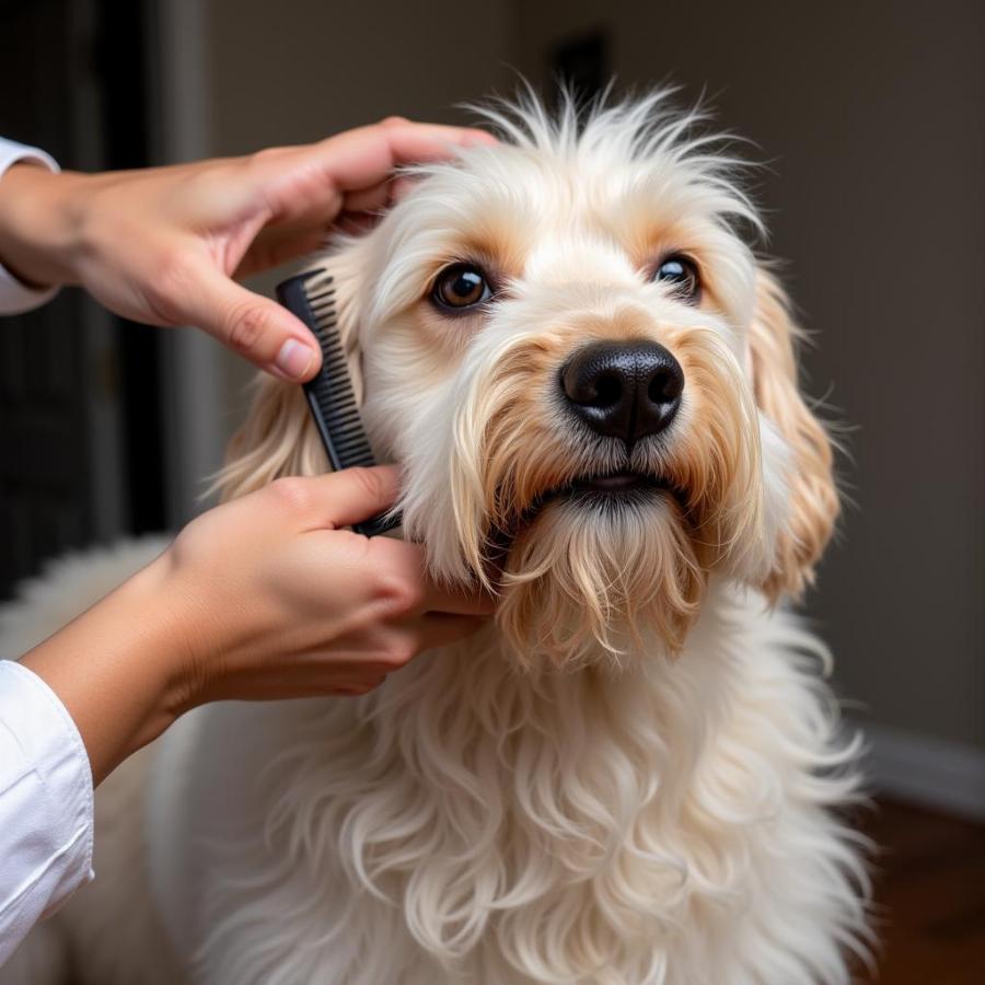 Grooming a dog's beard with a comb