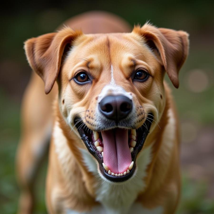 A dog showing aggressive behavior, teeth bared, growling fiercely.