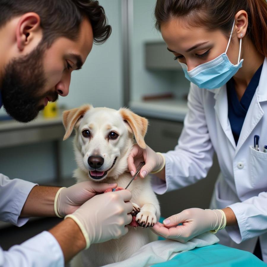 Veterinarian examining a wound on a dog's paw